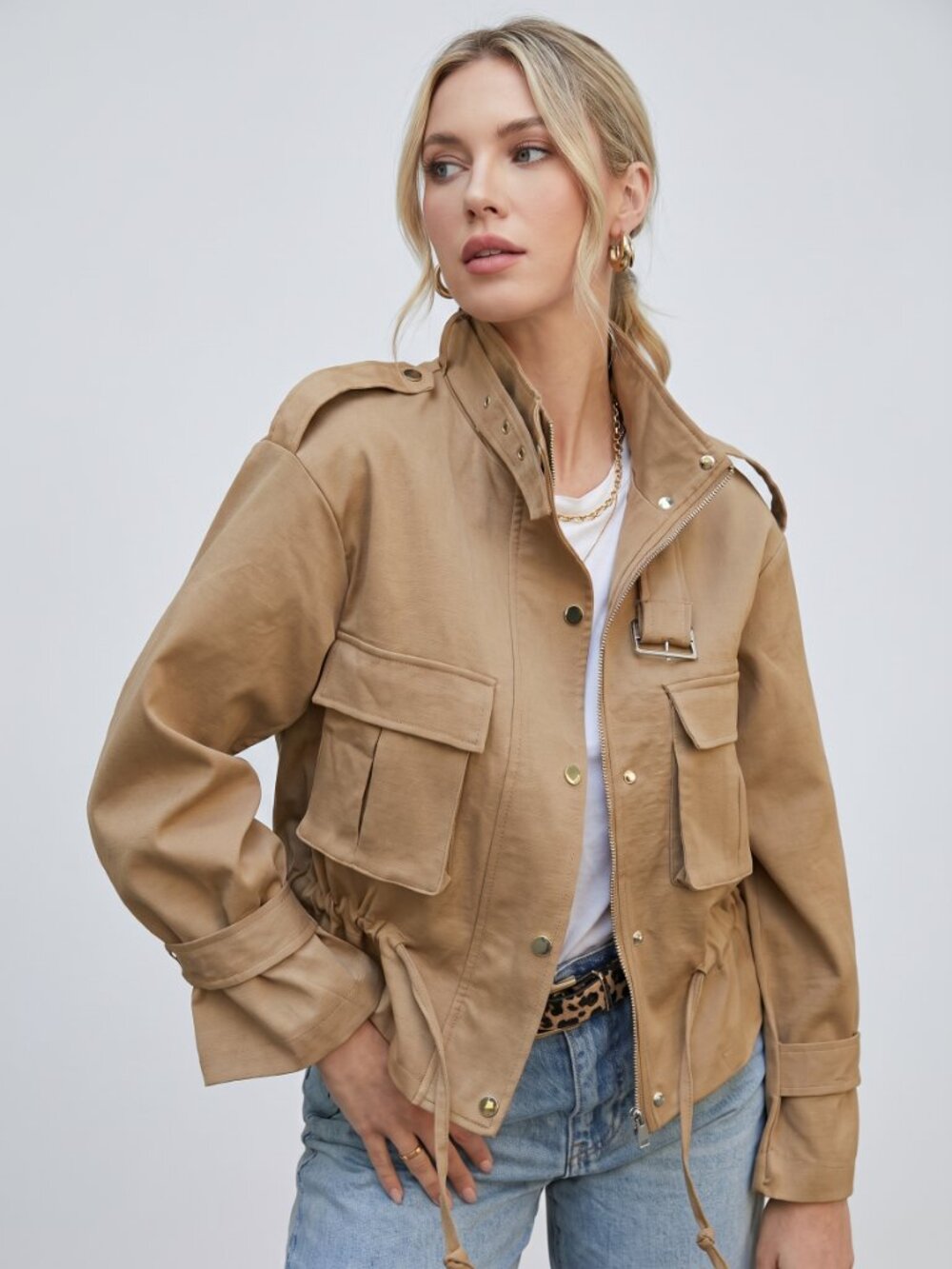 Women Utility Zip Up Jacket Long Sleeve Casual Cropped Cargo Coat Beige